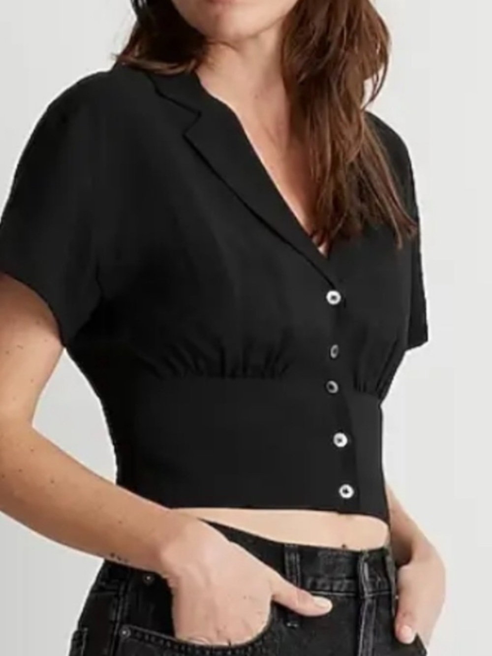 Madewell Top Shirt Drapey Banded Bottom Button Down Black Cropped Large L